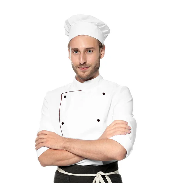 Professionele Chef Kok Dragen Van Uniform Witte Achtergrond — Stockfoto