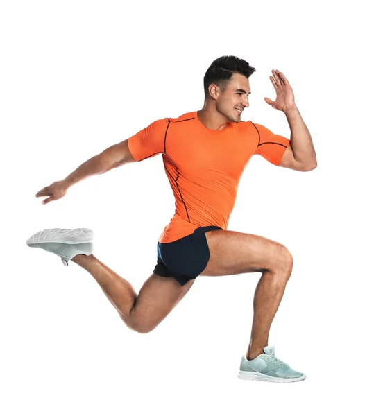 Guapo Joven Corriendo Sobre Fondo Blanco —  Fotos de Stock