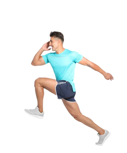 Guapo Joven Corriendo Sobre Fondo Blanco —  Fotos de Stock