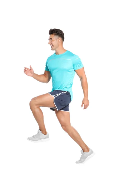 Guapo Joven Corriendo Sobre Fondo Blanco — Foto de Stock