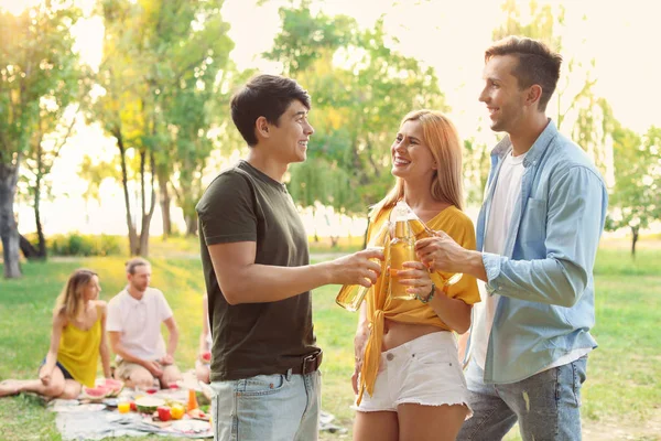 Amigos Felices Haciendo Picnic Parque Día Soleado Primer Plano — Foto de Stock