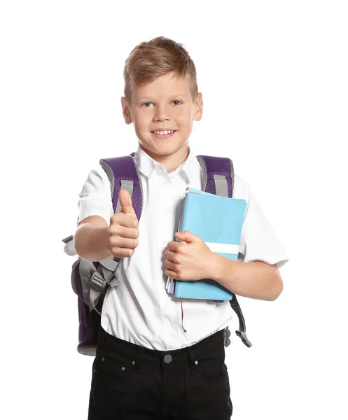 Χαριτωμένο Αγόρι Χαρτικά Σχολείου Δείχνει Τον Αντίχειρα Λευκό Φόντο — Φωτογραφία Αρχείου