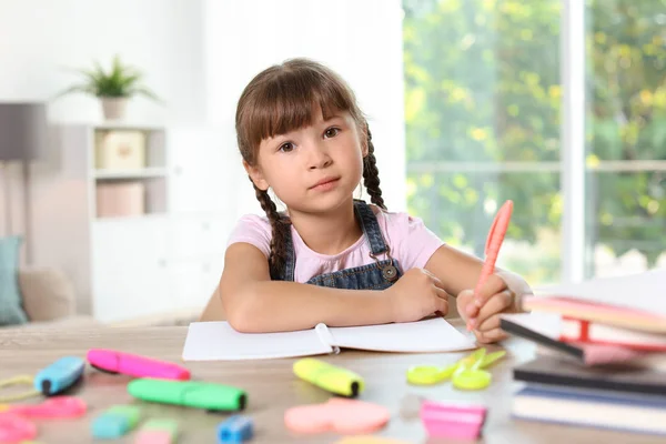 Cute Girl Doing Homework Table School Stationery Indoors — Stock Photo, Image