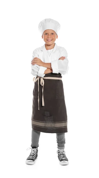 Retrato Completo Niño Sombrero Chef Con Rodillo Sobre Fondo Blanco — Foto de Stock