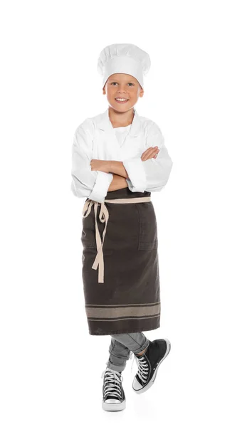 Retrato Completo Niño Sombrero Chef Con Rodillo Sobre Fondo Blanco — Foto de Stock