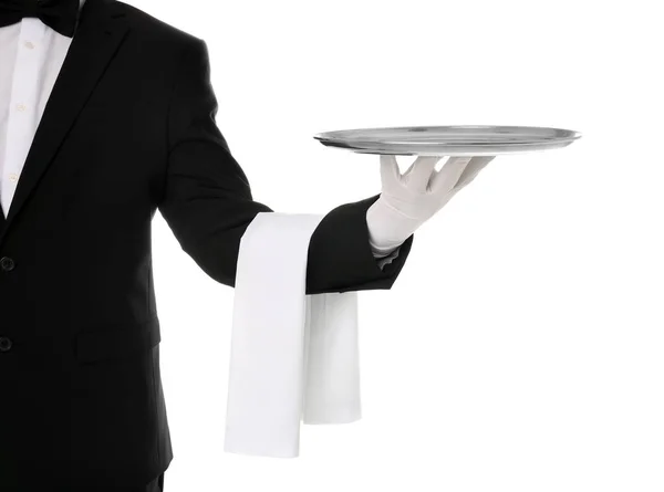 Cameriere Che Tiene Vassoio Metallo Sfondo Bianco Primo Piano — Foto Stock