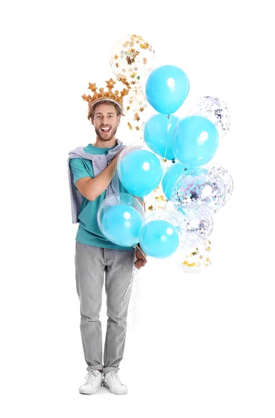 Young Man Crown Air Balloons White Background — Stock Photo, Image