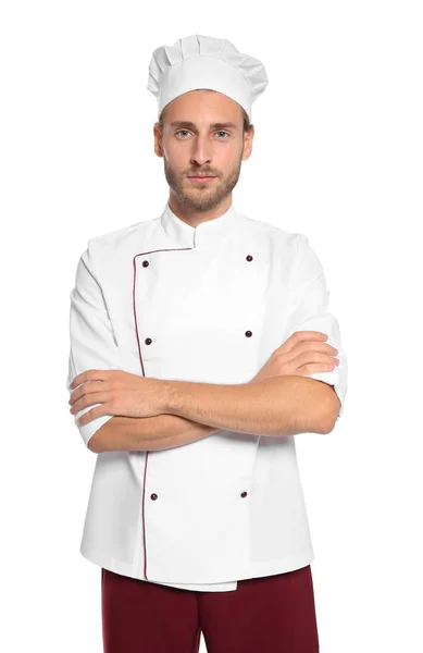 Profesionální Kuchař Sobě Uniformu Bílém Pozadí — Stock fotografie