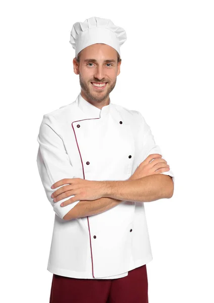 Professionele Chef Kok Dragen Van Uniform Witte Achtergrond — Stockfoto