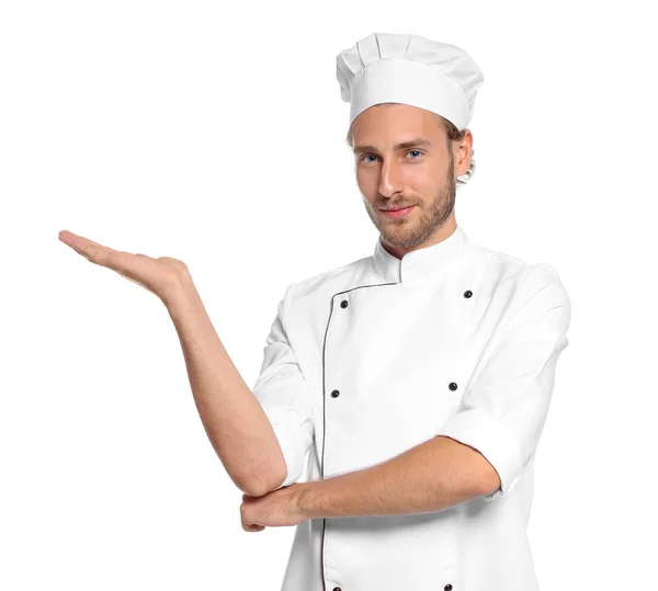 Professionele Chef Kok Dragen Van Uniform Witte Achtergrond — Stockfoto