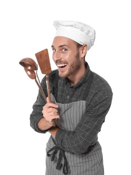 Professionele Chef Kok Met Keukengerei Witte Achtergrond — Stockfoto