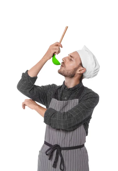 Professionele Chef Kok Met Pollepel Witte Achtergrond — Stockfoto