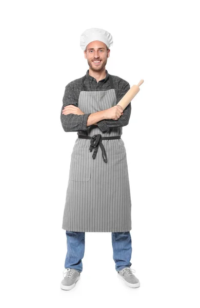 Profesionální Kuchař Drží Váleček Bílém Pozadí — Stock fotografie