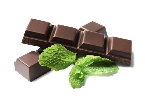 Pieces Dark Chocolate Mint White Background — Stock Photo, Image