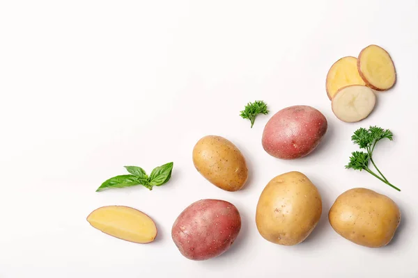 Flat Lay Composition Fresh Organic Potatoes Space Text White Background — Stock Photo, Image