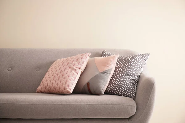 Different Soft Pillows Sofa Room — Stock Photo, Image