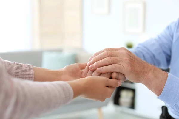 Helping Hands Blurred Background Closeup Elderly Care Concept — Stock Photo, Image