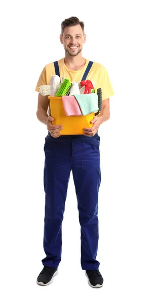 Männlicher Hausmeister Mit Putzmitteln Auf Weißem Hintergrund — Stockfoto