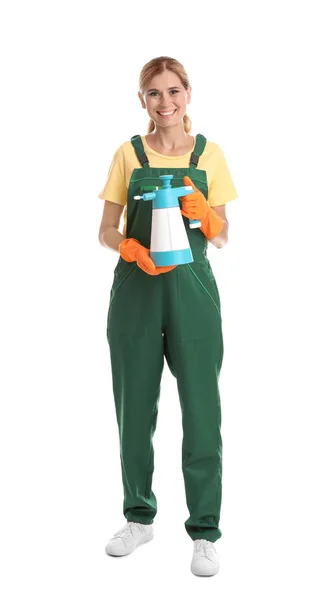 Janitor Fêmea Com Frasco Spray Produto Limpeza Fundo Branco — Fotografia de Stock