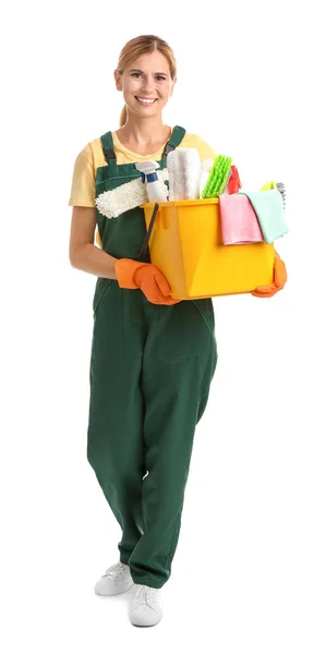 Female Janitor Cleaning Supplies White Background — Stock Photo, Image