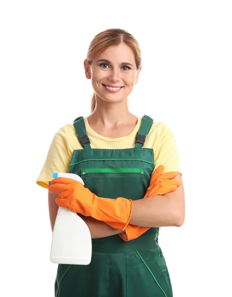 Hausmeisterin Mit Flasche Reinigungsmittel Auf Weißem Hintergrund — Stockfoto