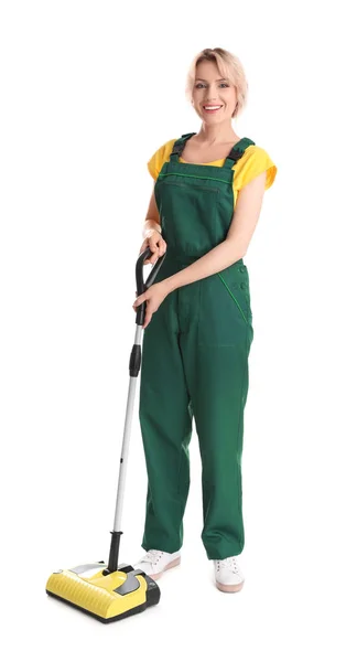Female Janitor Cordless Broom White Background Cleaning Service — Stock Photo, Image