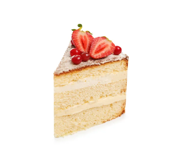 Кусок Вкусного Домашнего Торта Свежими Ягодами Белом Фоне — стоковое фото