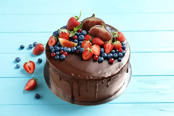 Fresh Delicious Homemade Chocolate Cake Berries Wooden Table — Stock Photo, Image