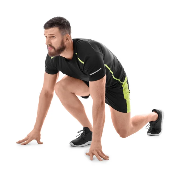 Young Man Sportswear Ready Run White Background — Stock Photo, Image