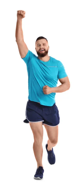 Jovem Homem Feliz Sportswear Correndo Fundo Branco — Fotografia de Stock