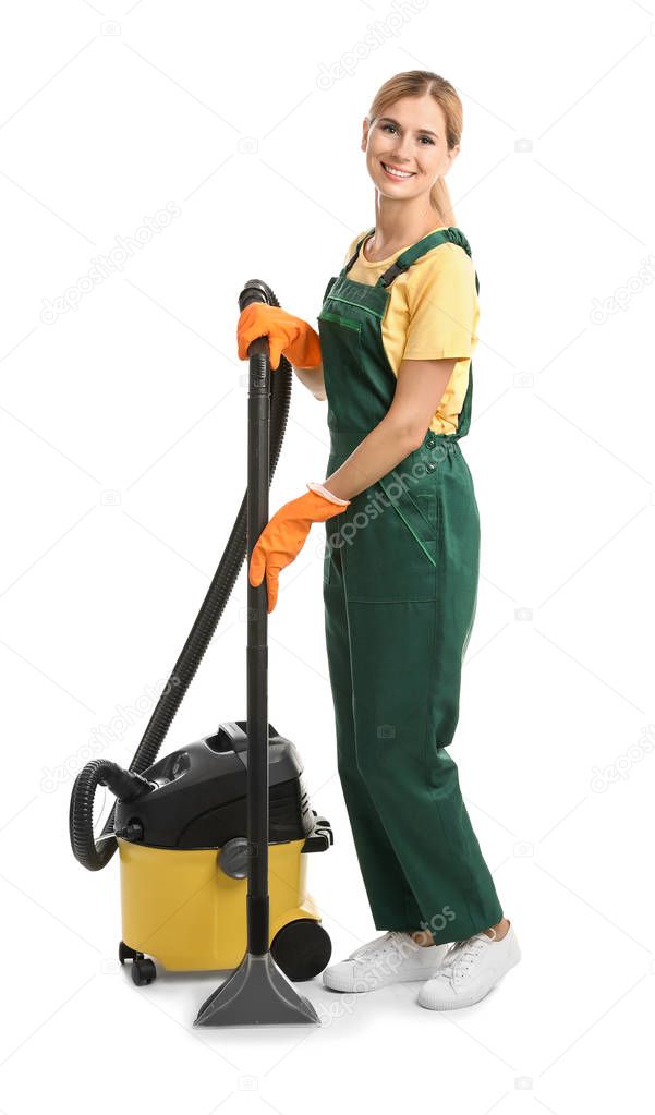 Female janitor with carpet cleaner on white background