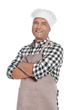 Önlük beyaz arka plan üzerinde olgun erkek Şef