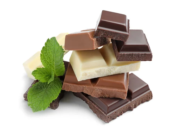 Diferentes Tipos Chocolate Con Menta Sobre Fondo Blanco — Foto de Stock