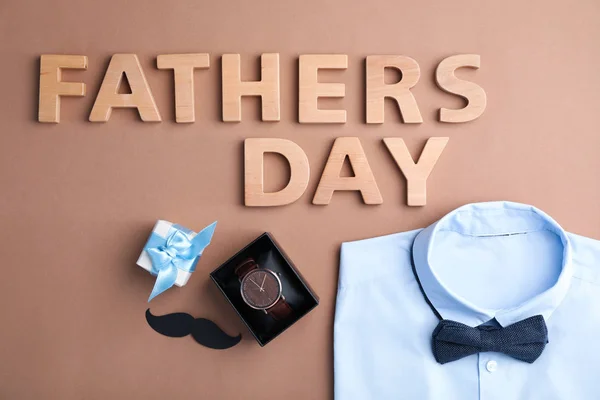 Flat Lay Composition Male Accessories Shirt Color Background Happy Father — Stock Photo, Image