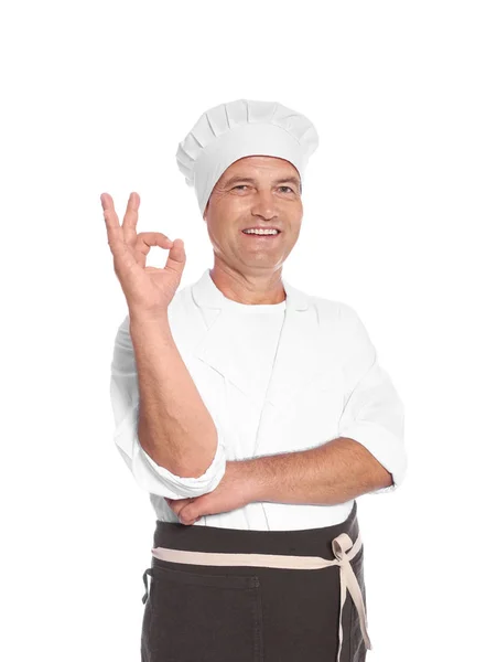 Dojrzały Mężczyzna Chef Wyświetlono Idealny Znak Białym Tle — Zdjęcie stockowe