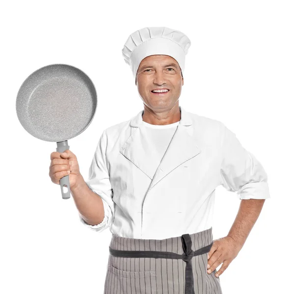 Volwassen Mannelijke Chef Braadpan Houden Witte Achtergrond — Stockfoto