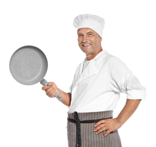 Ältere Männliche Koch Halten Pfanne Auf Weißem Hintergrund — Stockfoto