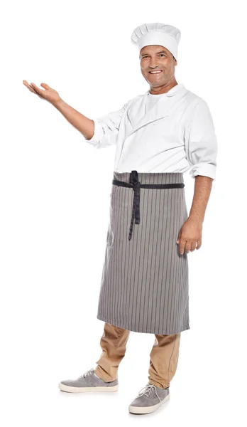 Volwassen Mannelijke Chef Kok Schort Witte Achtergrond — Stockfoto