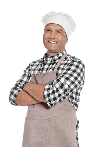 Volwassen Mannelijke Chef Kok Schort Witte Achtergrond — Stockfoto