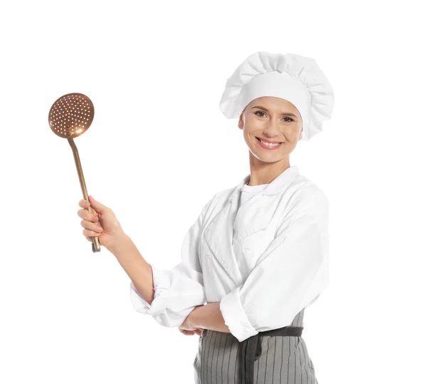 Female Chef Holding Skimmer White Background — Stock Photo, Image