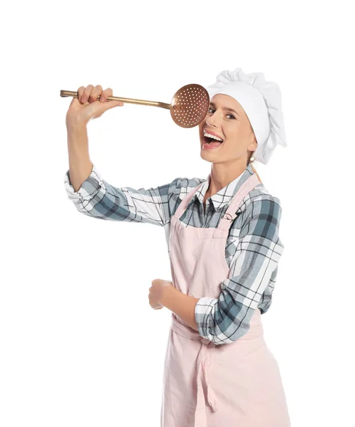 Female Chef Holding Skimmer White Background — Stock Photo, Image