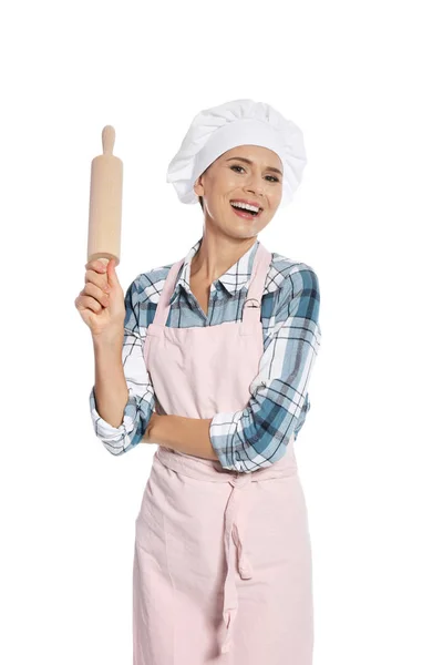 Chef Feminino Segurando Rolo Fundo Branco — Fotografia de Stock