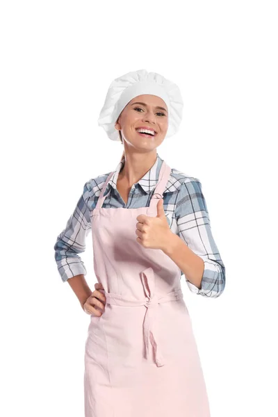 Vrouwelijke Chef Kok Duim Omhoog Teken Tonen Witte Achtergrond — Stockfoto