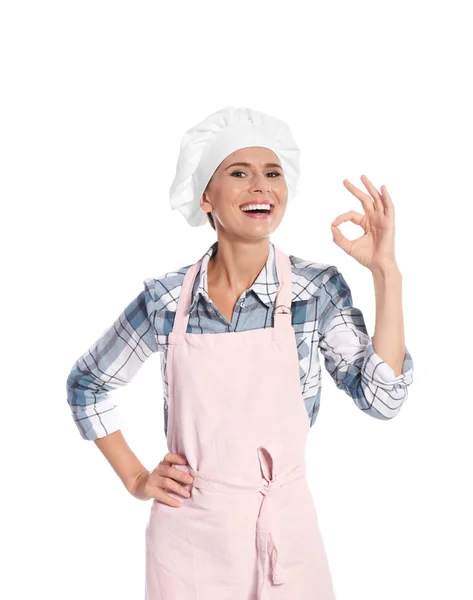 Chef Feminino Mostrando Sinal Perfeito Fundo Branco — Fotografia de Stock