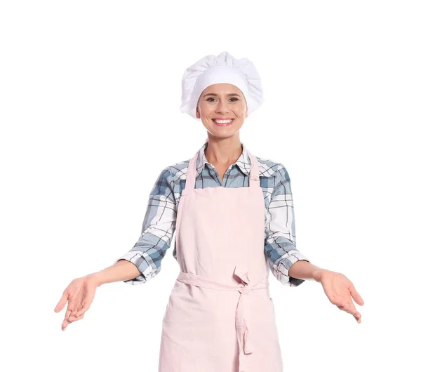 Femme Chef Dans Tablier Sur Fond Blanc — Photo