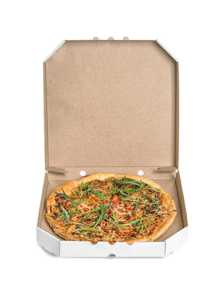 Boîte Carton Avec Pizza Savoureuse Sur Fond Blanc — Photo