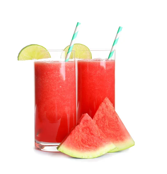 Tasty Summer Watermelon Drink Glasses Slices Fresh Fruit White Background — Stock Photo, Image