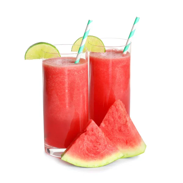 Välsmakande Sommar Vattenmelon Dricka Glasögon Och Skivor Färsk Frukt Vit — Stockfoto