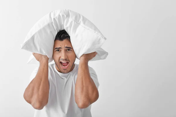 Young Man Soft Pillow White Background — Stock Photo, Image