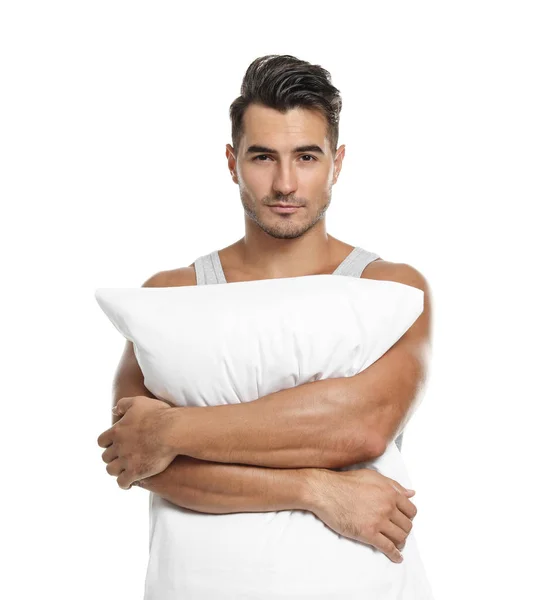 Junger Mann Mit Weichem Kissen Auf Weißem Hintergrund — Stockfoto